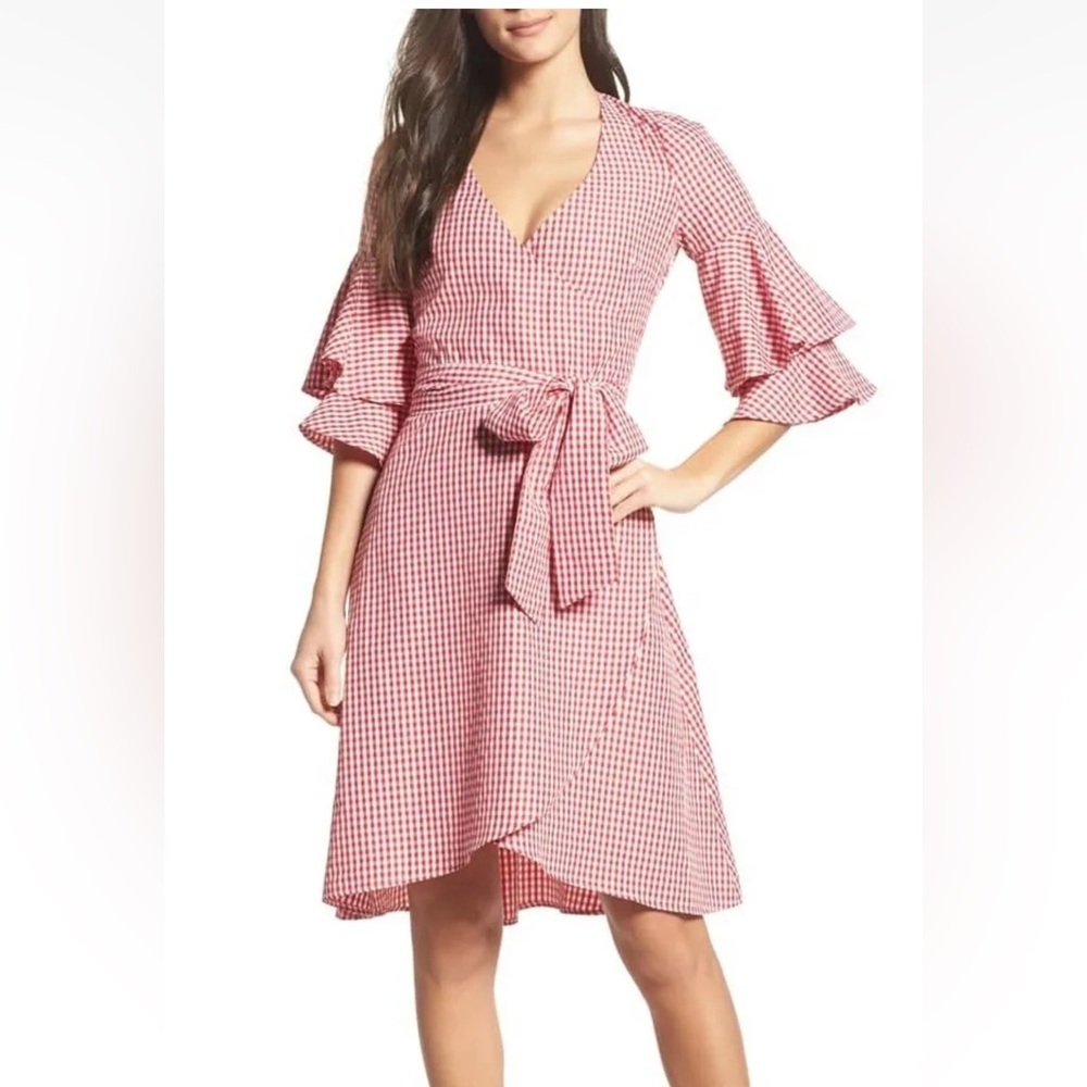 New RARE FIND Charles Henry Sold Out Red/White Gingham Ruffle Wrap Dress (Small)